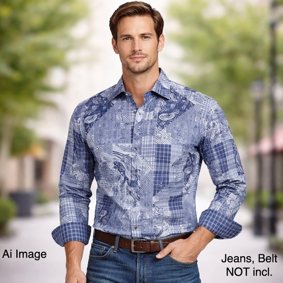 Thomas Dean Mens XL Big & Tall Pima Cotton Patchwork Paisley Shirt Artcore Luxe - Picture 1 of 12